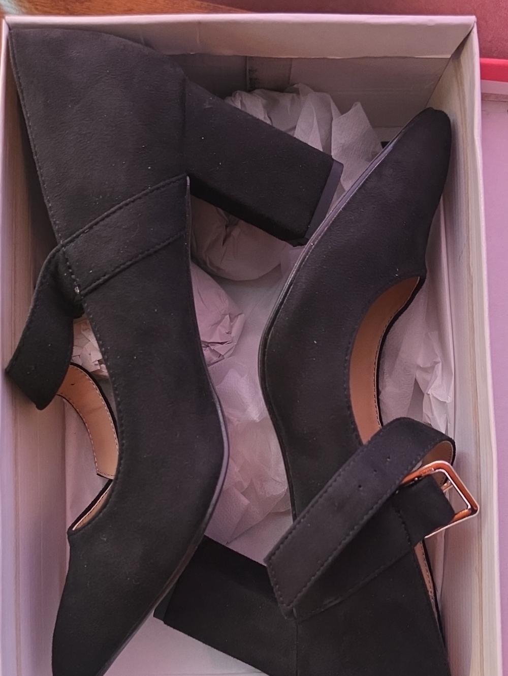 Allegra K Black Suede Mary Jane Block Heels with Buckle